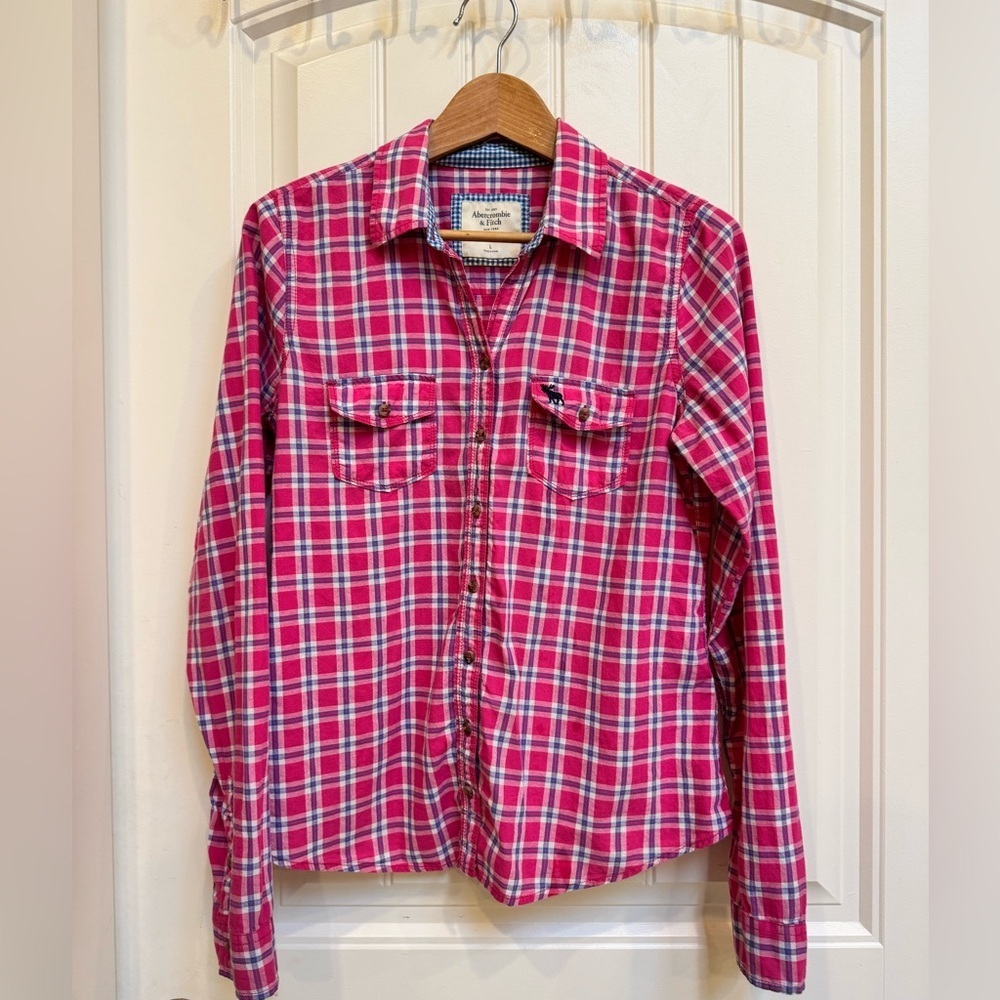 Abercrombie & Fitch Pink Slim Fit Plaid Button zip Long Sleeve Shirt. Size L
